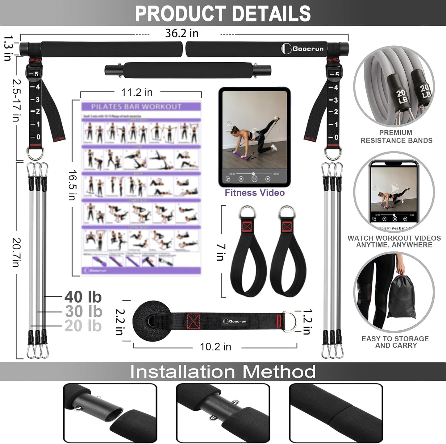 Portable Pilates Bar Kit with Resistance Bands for Men and Women - 3 Set Exercise Resistance Bands - Multifunctional Home Gym - Supports Full-Body Workouts β with Fitness Poster and Video