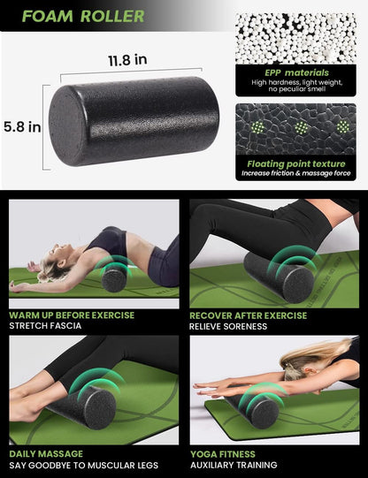 Yoga Starter Kit 12 in 1 - Yoga Set Include Yoga Mat, Foam Roller, 4 Resistance Bands, Yoga Blocks 2 Pack with Strap, 2 Peanut Massage Balls, Yoga Kit and Sets for Beginners