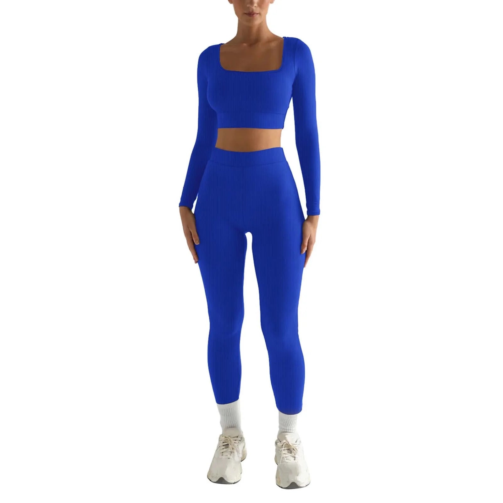 2Pc Yoga Sets for Women Women'S Fashion Casual Solid Color Long Sleeve Square Collar Two Piece Slim Yoga Sports Pants Suit Yoga Sets Yoga Package