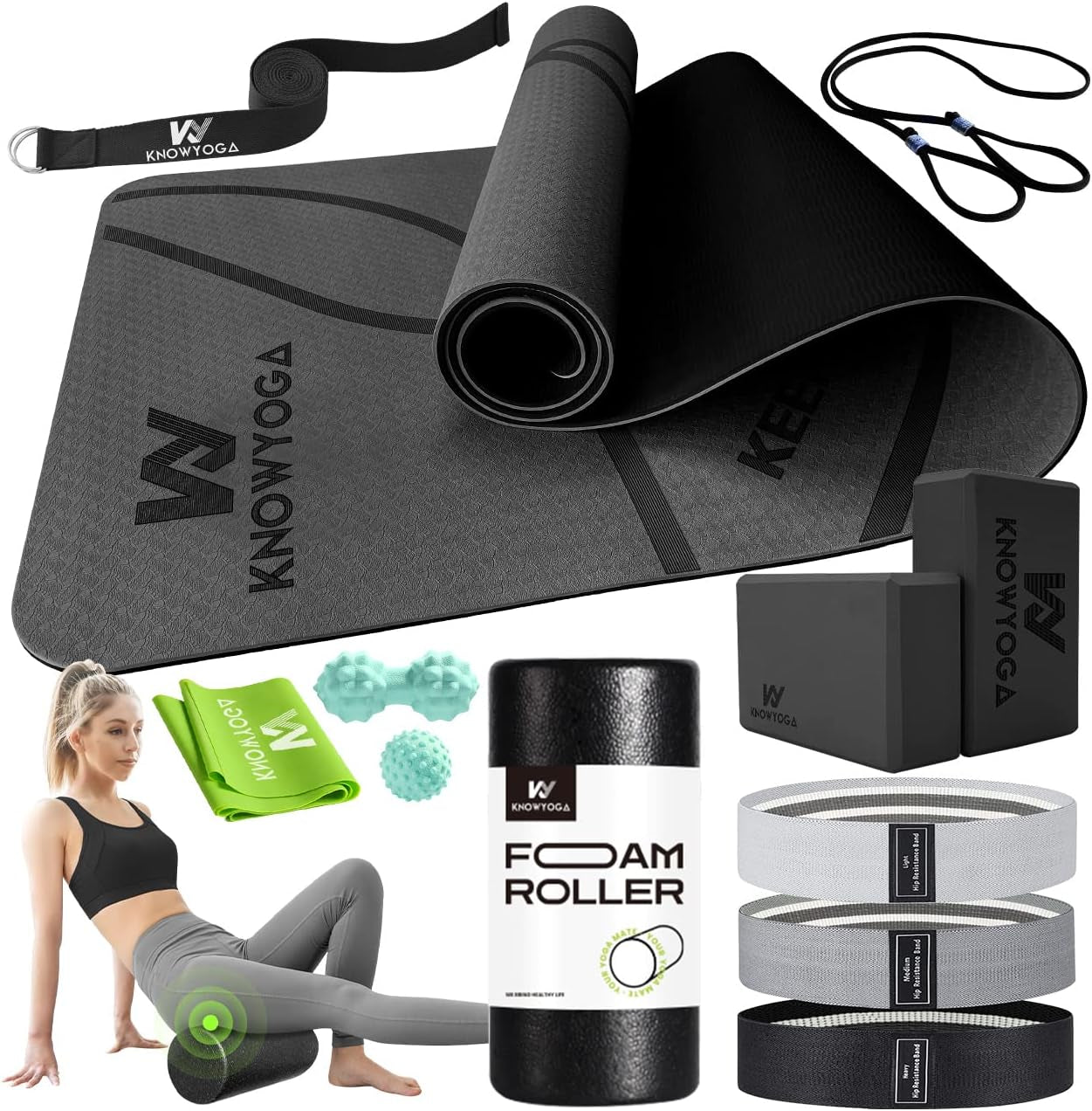 Yoga Starter Kit 12 in 1 - Yoga Set Include Yoga Mat, Foam Roller, 4 Resistance Bands, Yoga Blocks 2 Pack with Strap, 2 Peanut Massage Balls, Yoga Kit and Sets for Beginners
