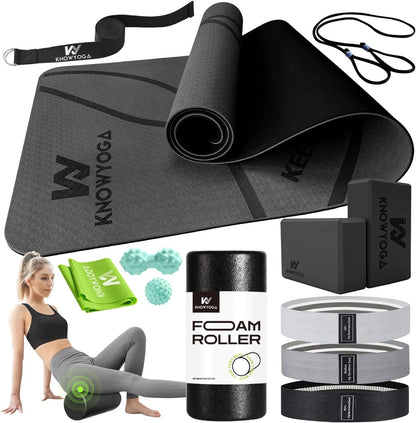 Yoga Starter Kit 12 in 1 - Yoga Set Include Yoga Mat, Foam Roller, 4 Resistance Bands, Yoga Blocks 2 Pack with Strap, 2 Peanut Massage Balls, Yoga Kit and Sets for Beginners